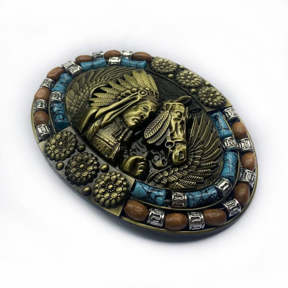 3005 Indian Chief Turquoise Belt Buckle Tirbal Horse Totem Indian Chief - Picture 3 of 6